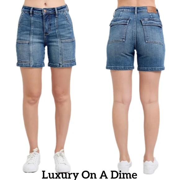 Judy Blue High Rise Denim Mid-Length Enevlope Pockets Slim Fit Jean Shorts